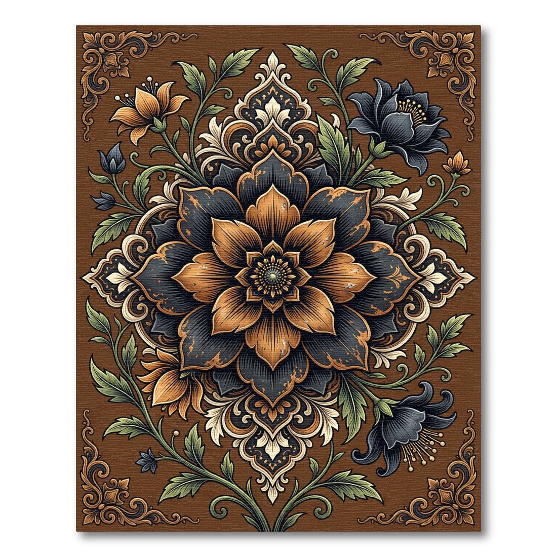Ornate Golden Floral Dark Medallion Rug
