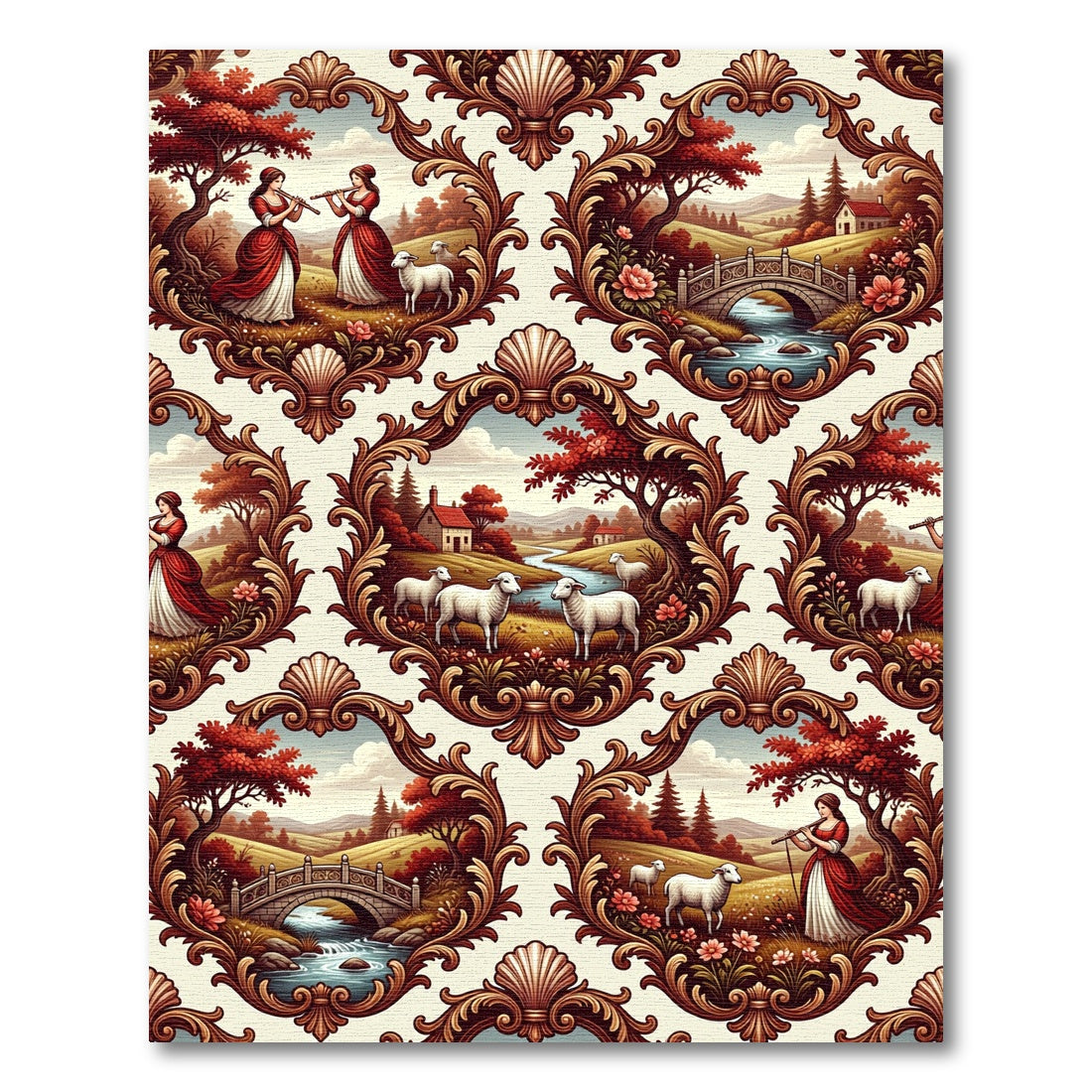 Antique Pastoral Scene Framing Rug