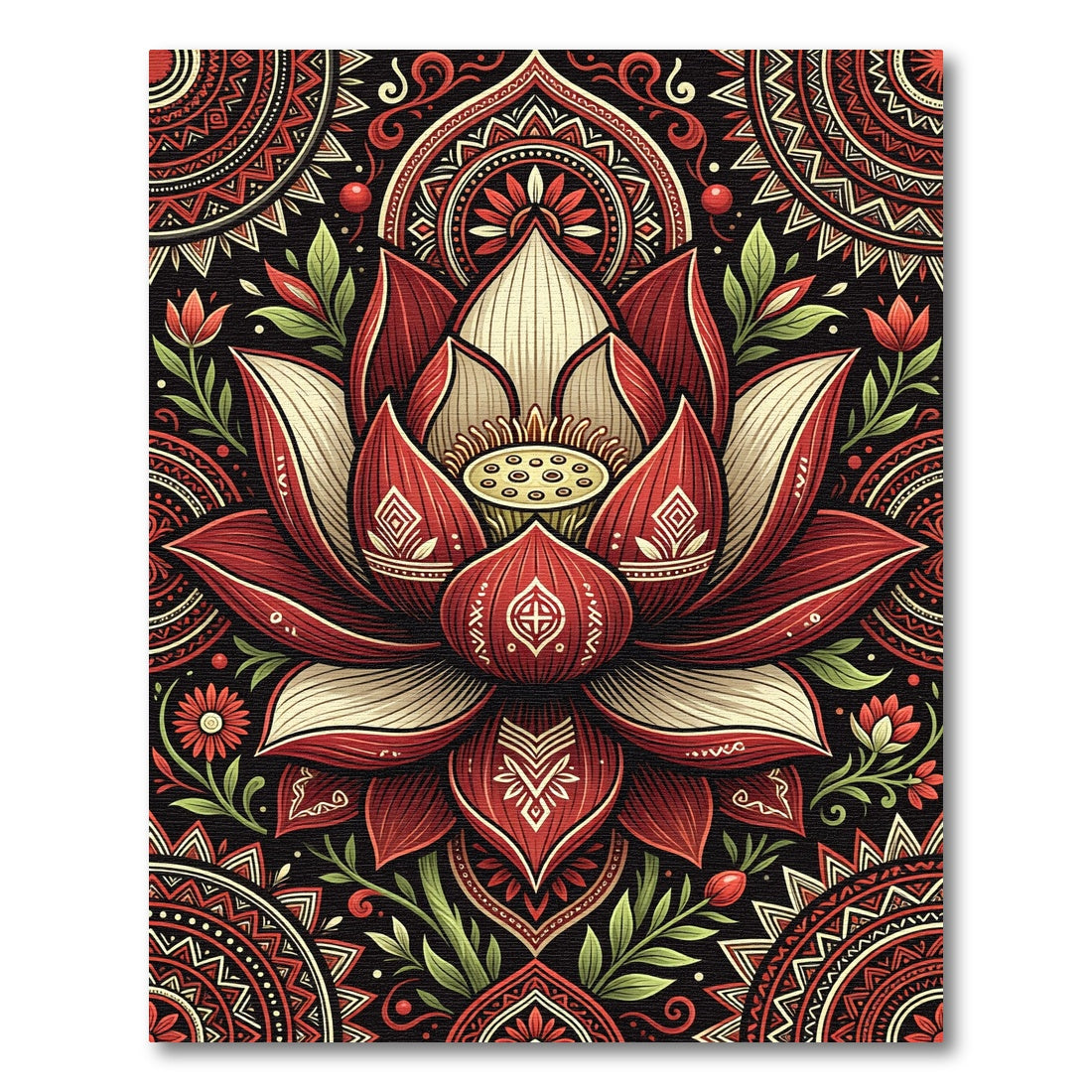 Crimson Lotus Mandala Black Background Rug