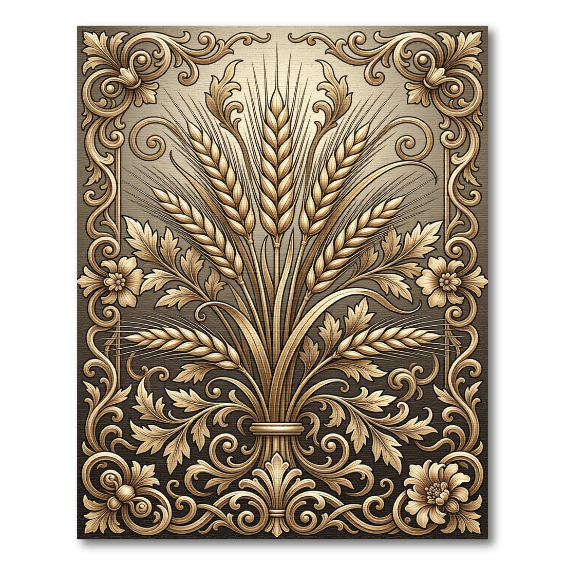 Ornate Golden Wheat Bundle Scrollwork Rug