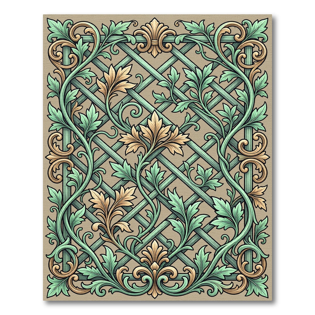 Elegant Sage and Gold Trellis Foliage Rug