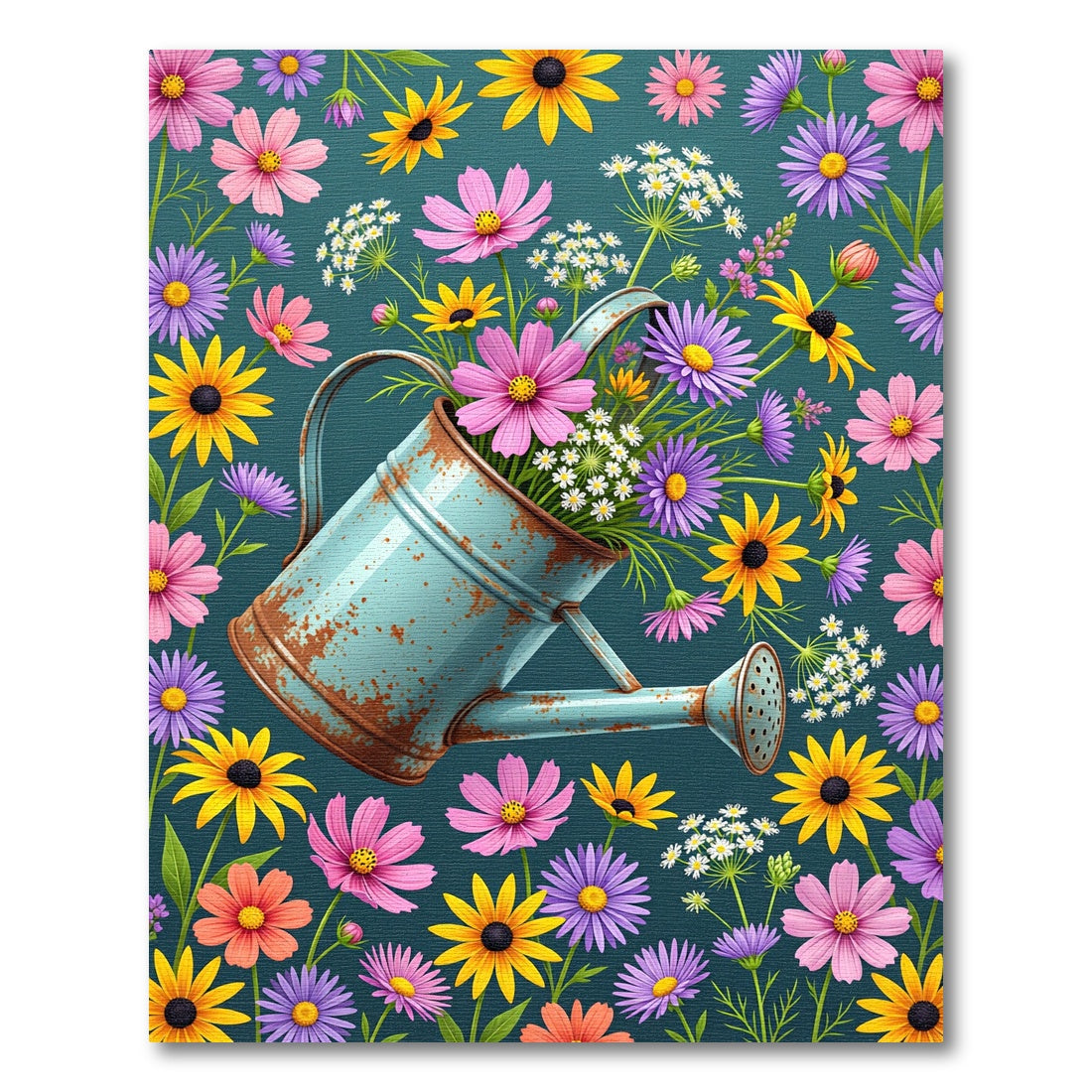 Rustic Teal Watering Can Floral Field Rug