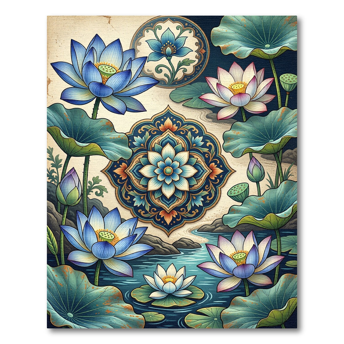 Elegant Blue Lotus Mandala Floral Rug