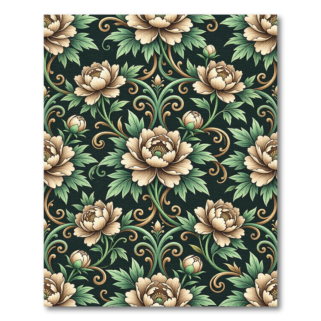 Elegant Beige Peony Dark Botanical Scroll Rug