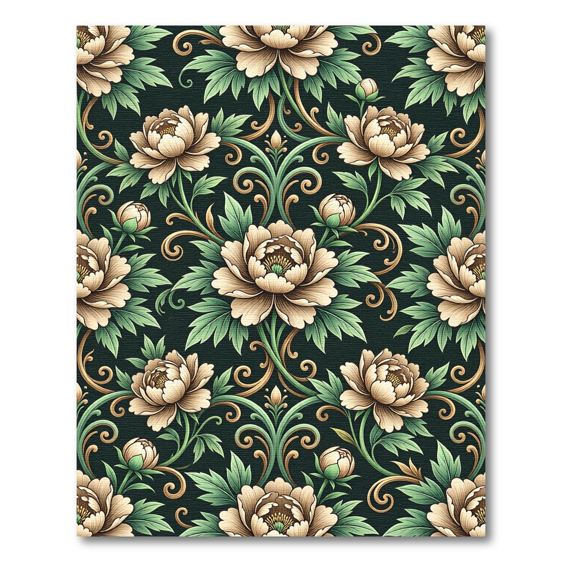 Elegant Beige Peony Dark Botanical Scroll Rug