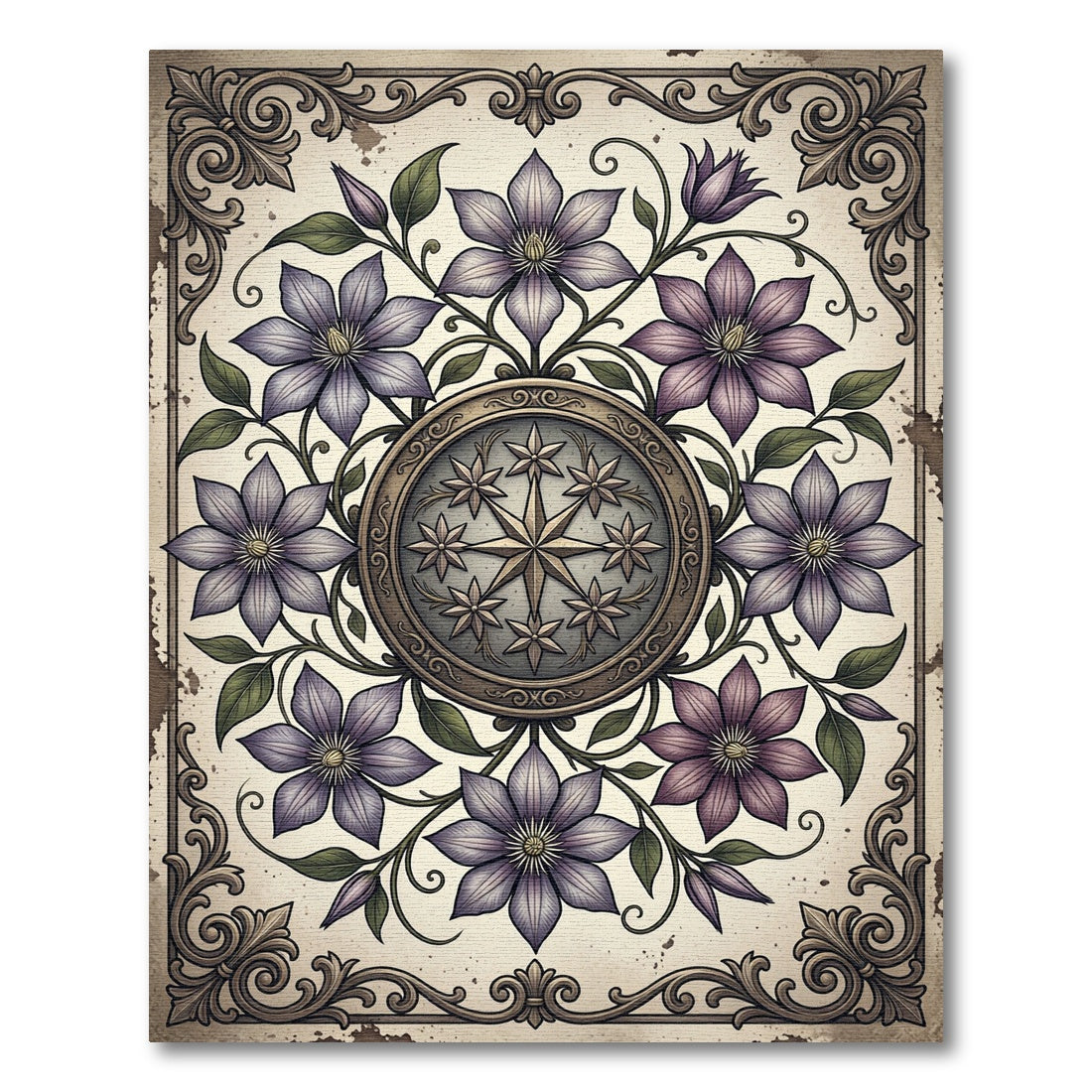 Vintage Violet Clematis Floral Compass Rug