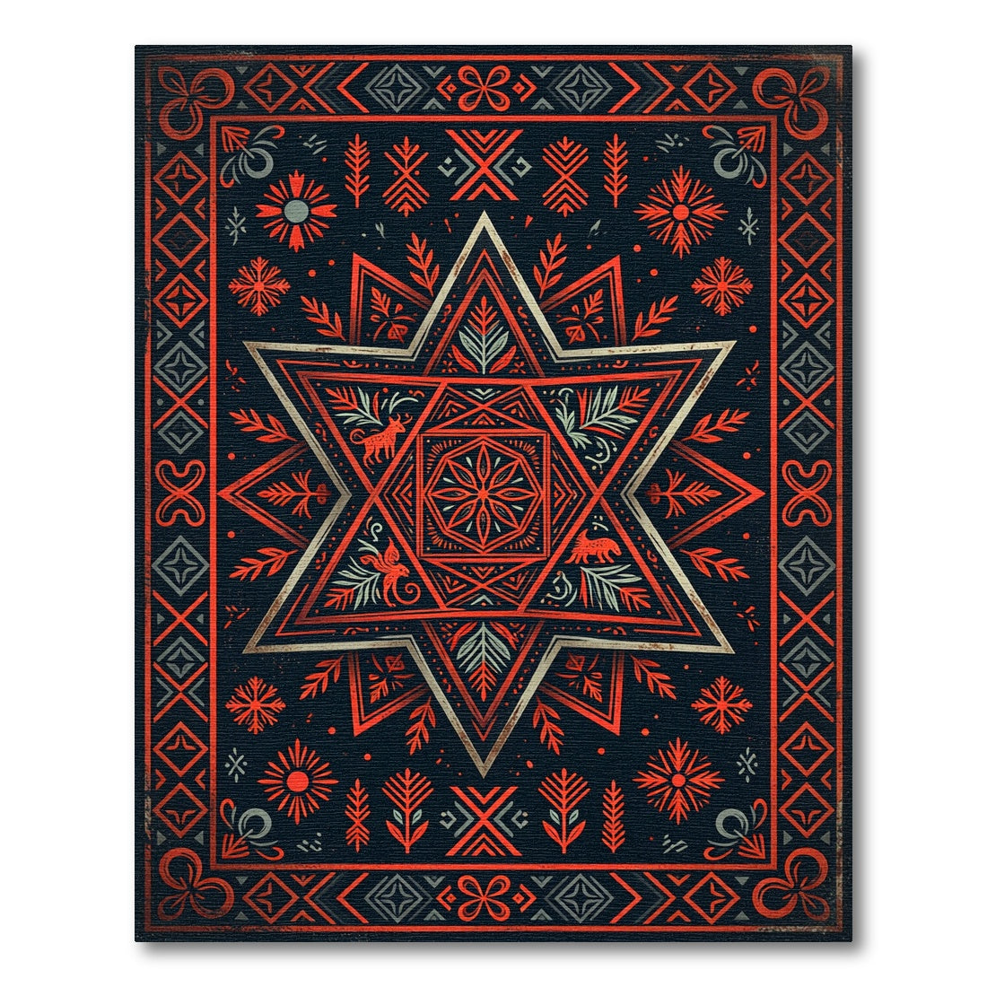 Crimson Geometric Star Folk Art Rug