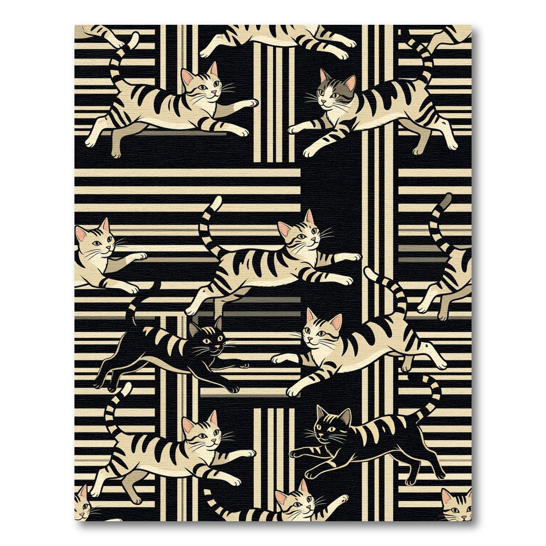 Playful Tabby Cats on Striped Background Rug