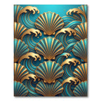 Golden Seashell Teal Wave Art Deco Rug