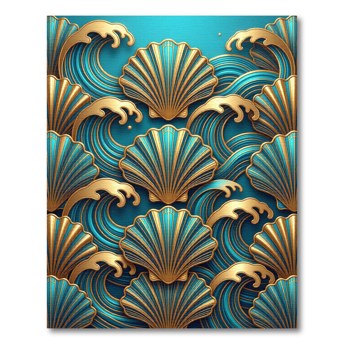 Golden Seashell Teal Wave Art Deco Rug