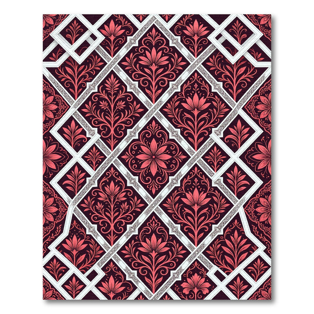 Crimson Floral Geometric Damask Lattice Rug