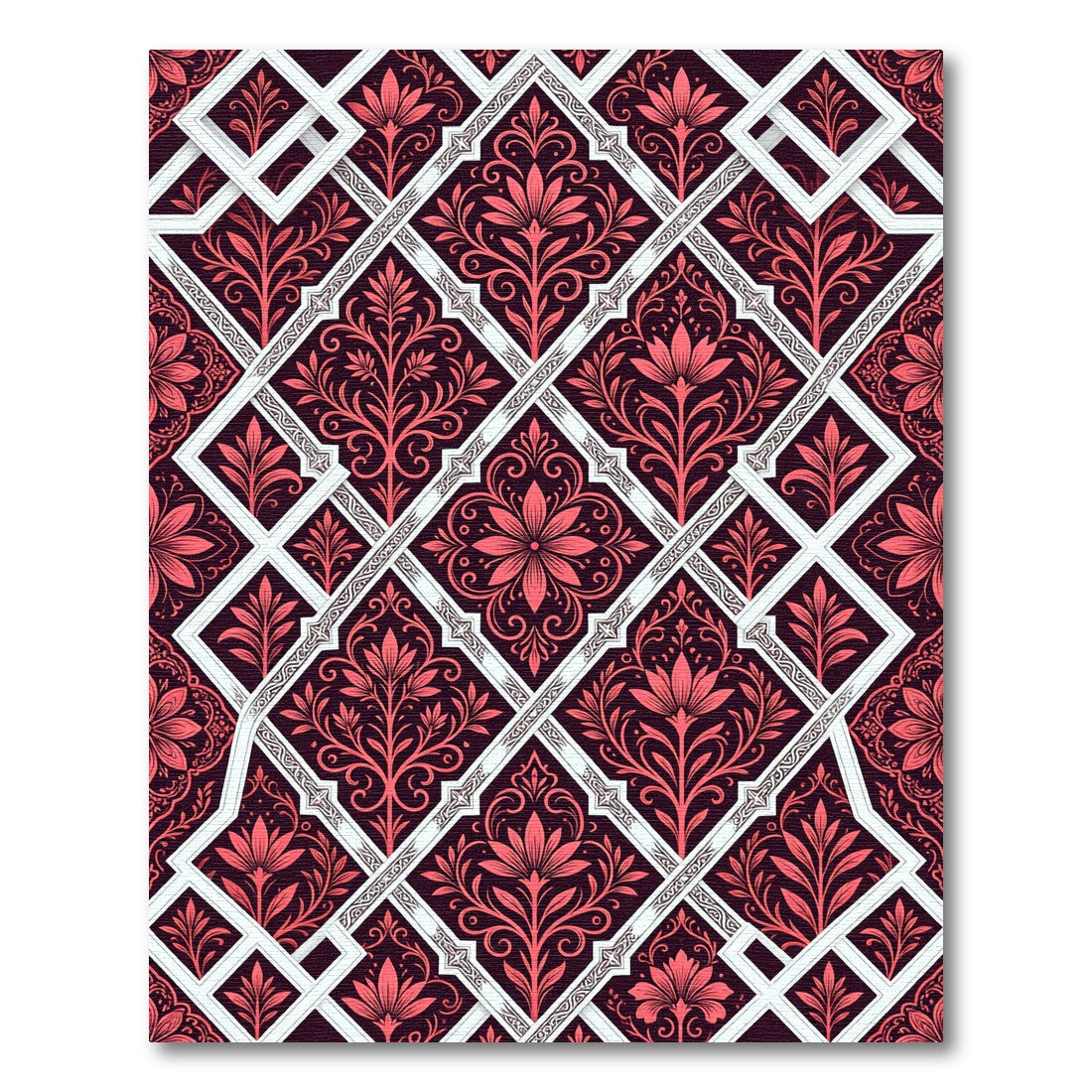 Crimson Floral Geometric Damask Lattice Rug
