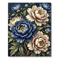 Navy Blue Peony Floral Botanical Arrangement Rug
