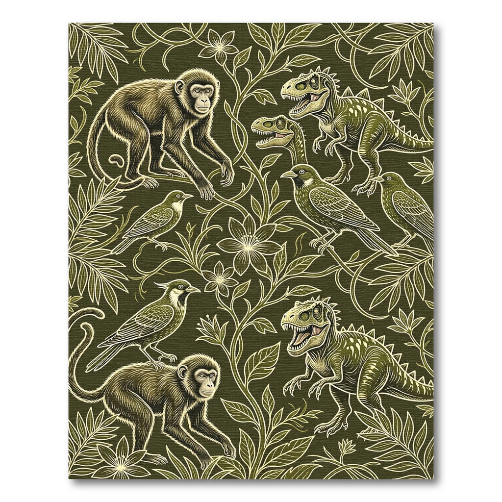 Olive Jungle Monkey and Dinosaur Botanical Rug