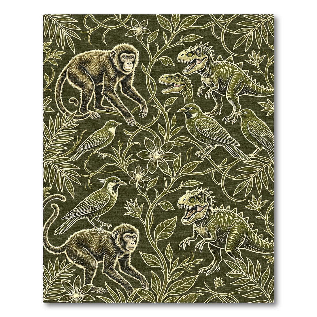 Olive Jungle Monkey and Dinosaur Botanical Rug