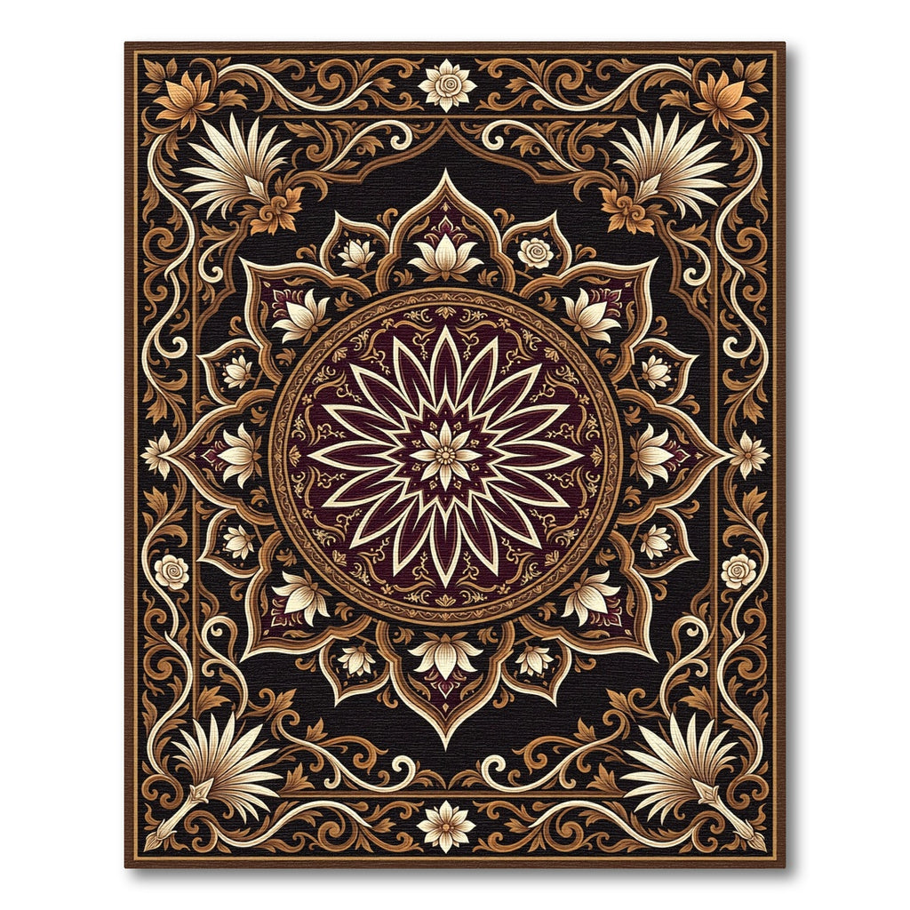 Ornate Dark Chocolate Gold Floral Medallion Rug