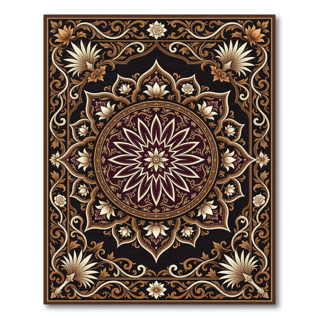 Ornate Dark Chocolate Gold Floral Medallion Rug