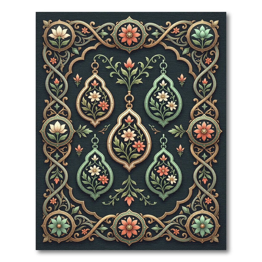 Ornate Sage and Coral Floral Frame Rug