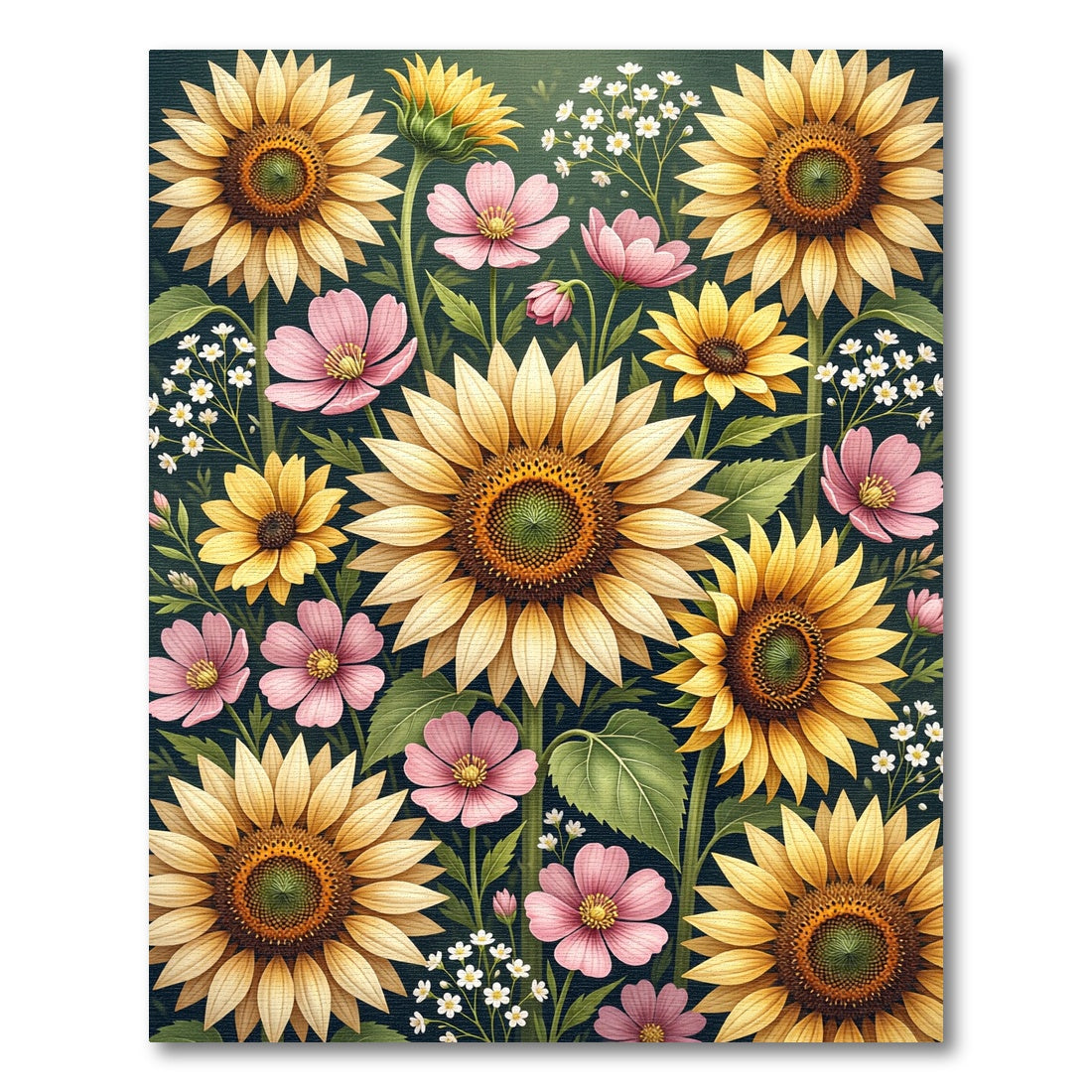 Whimsical Golden Sunflower and Pink Floral Garden Rug