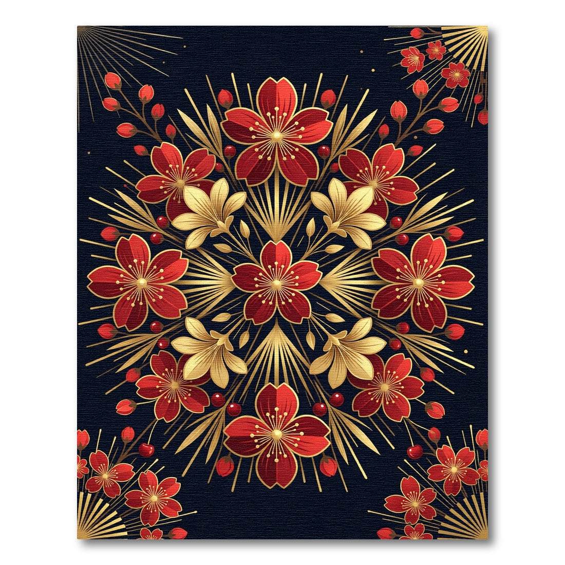 Red Floral Gold Leaf Mandala Rug