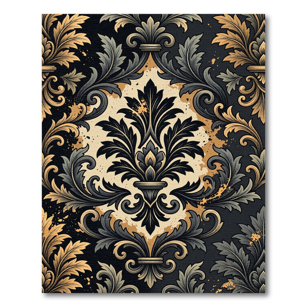 Ornate Black and Gold Damask Swirl Rug