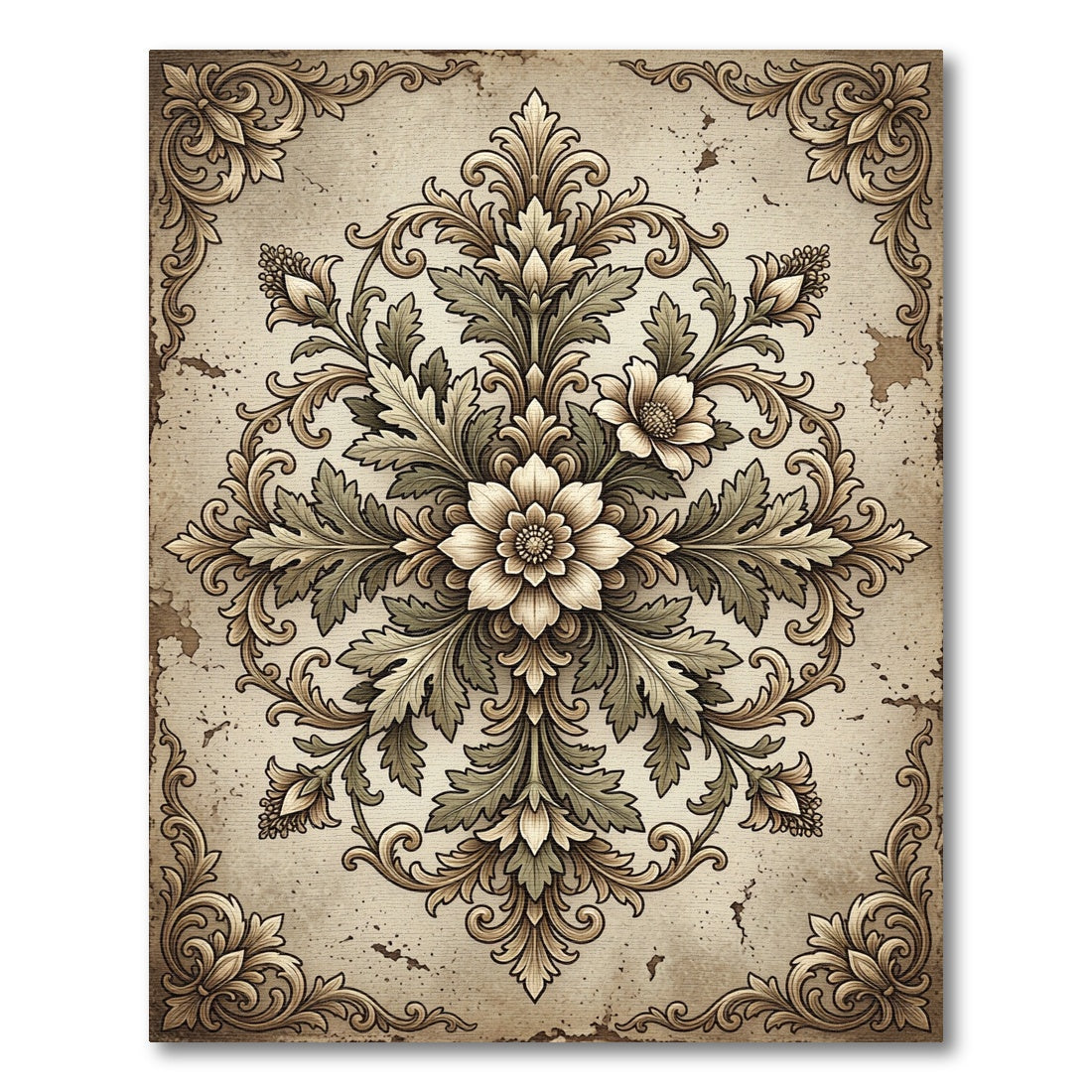 Vintage Beige Floral Baroque Medallion Rug