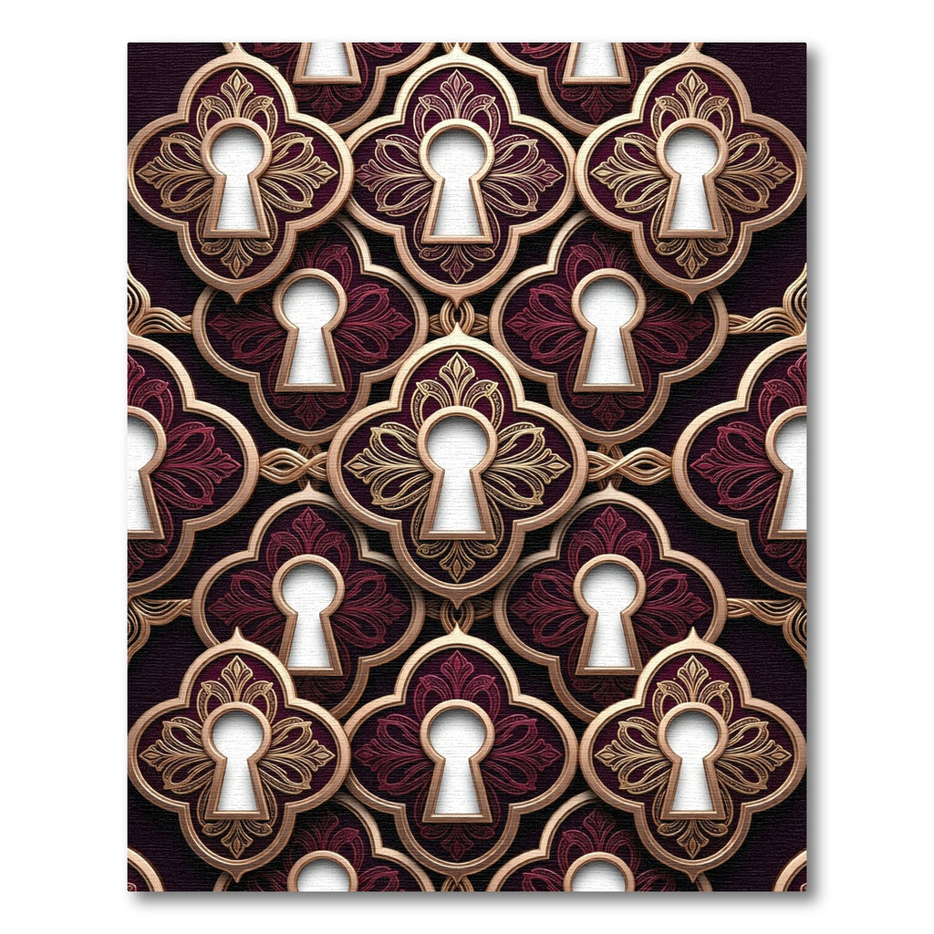 Ornate Burgundy and Gold Filigree Keyhole Rug