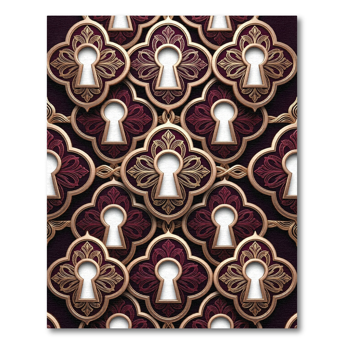Ornate Burgundy and Gold Filigree Keyhole Rug