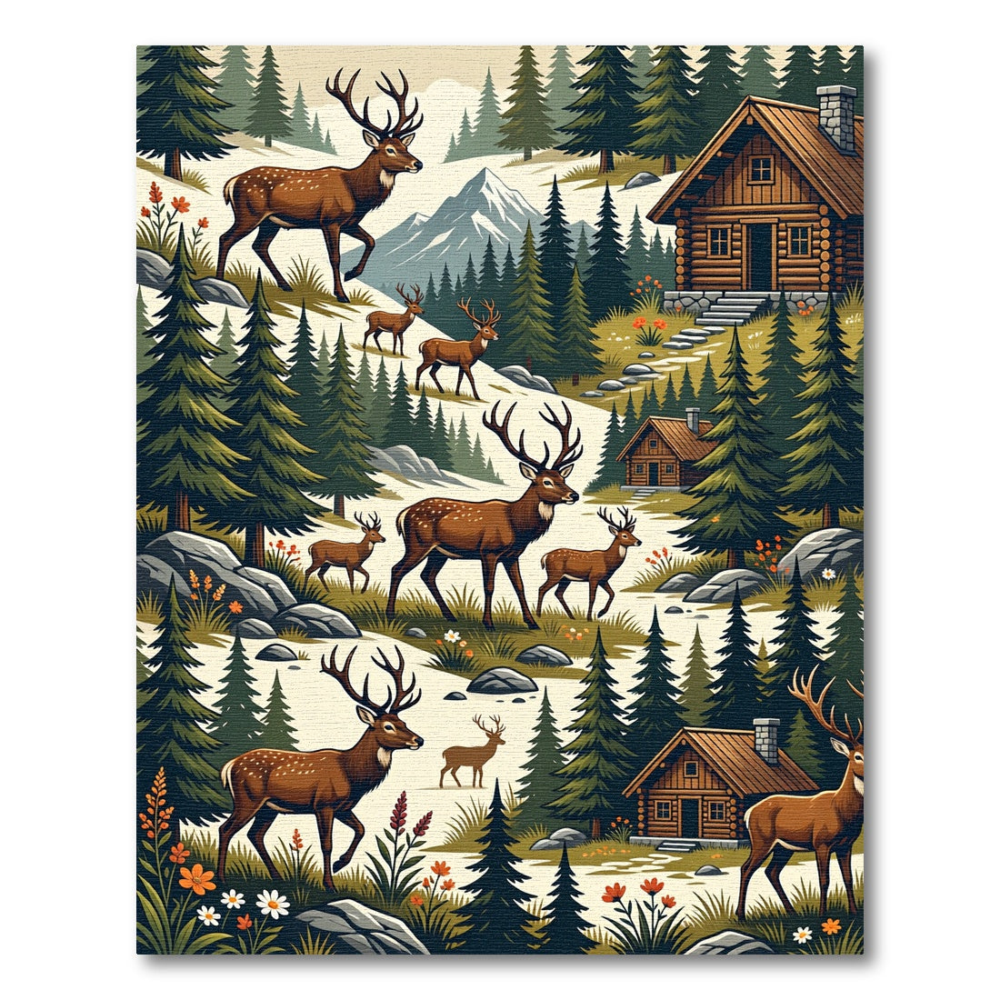 Rustic Woodland Deer Mountain Cabin Landscape Rug