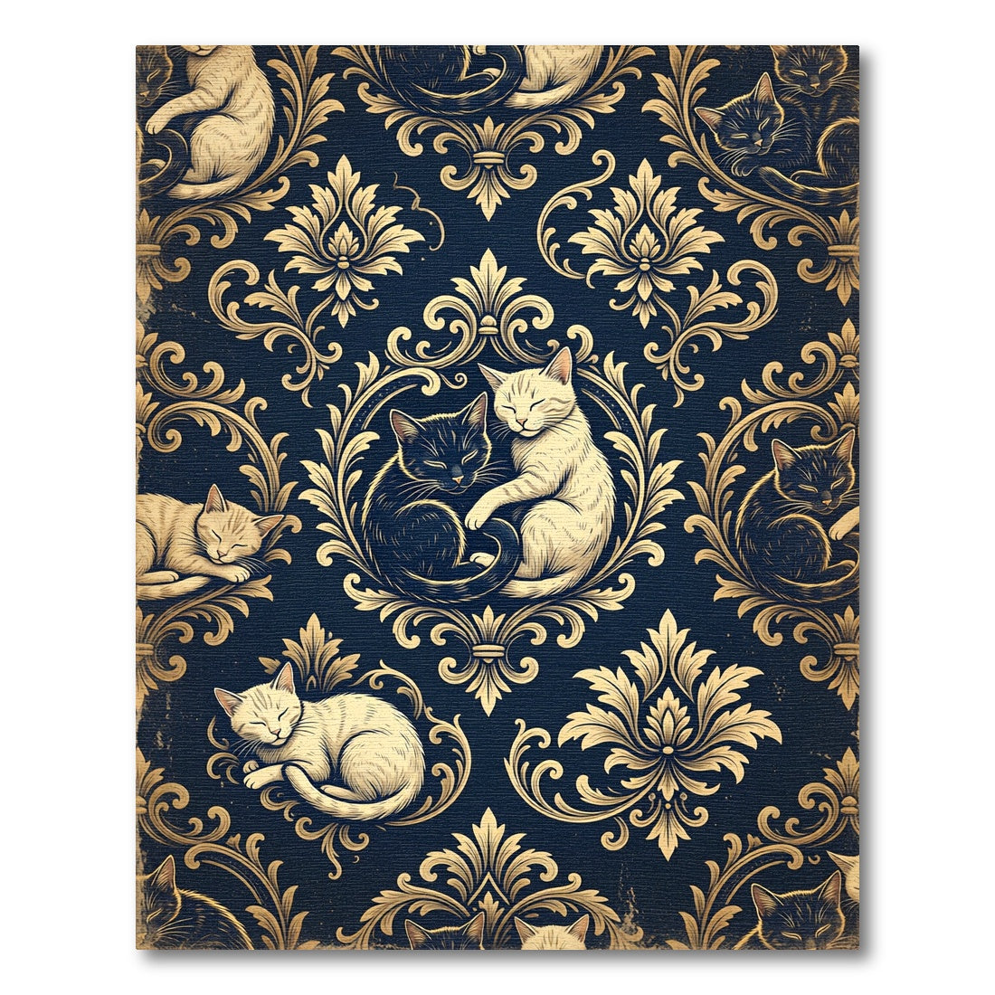 Midnight Blue Sleeping Cats Damask Rug