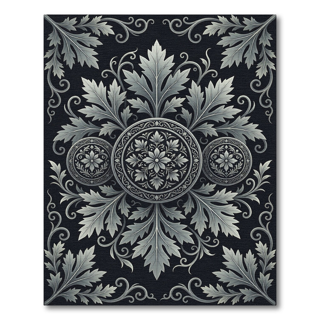 Elegant Silver Foliage Medallion Monochromatic Rug