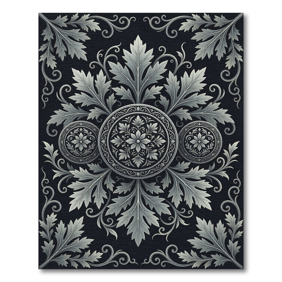 Elegant Silver Foliage Medallion Monochromatic Rug