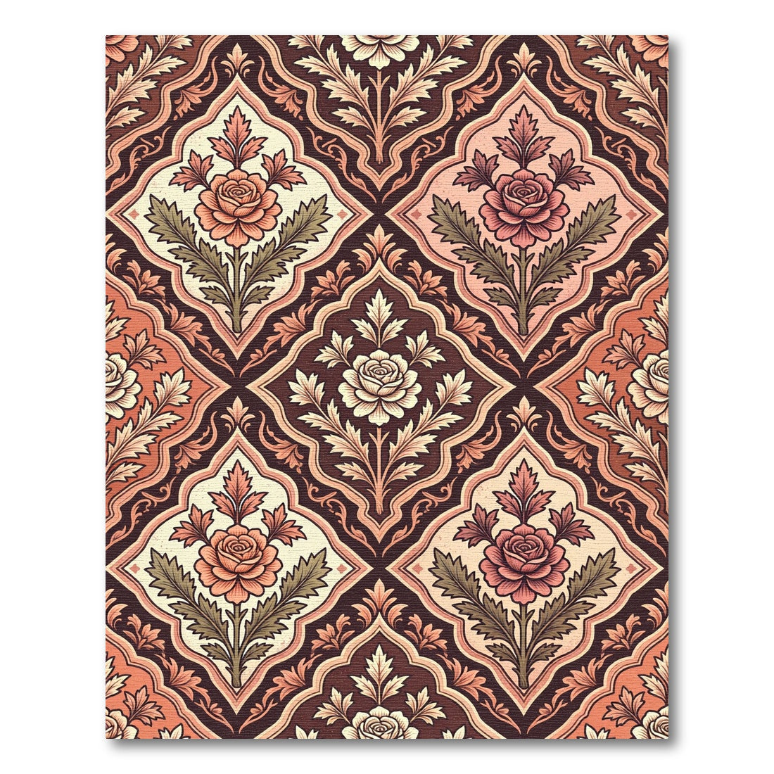 Ornate Rose Damask Earth Tone Diamond Repeat Rug