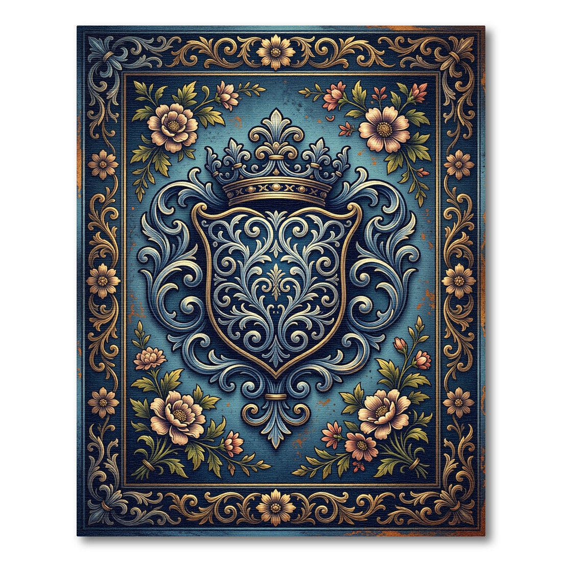 Elegant Navy Floral Crown Crest Area Rug