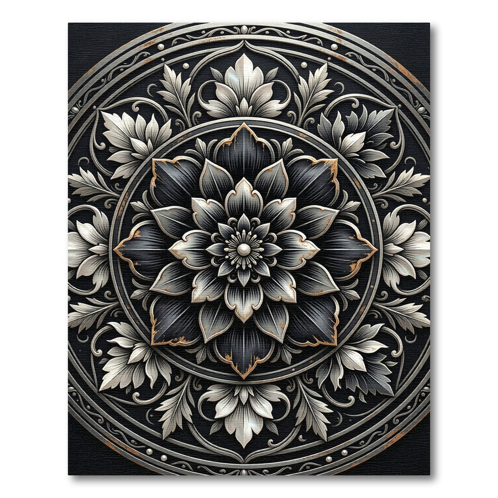 Ornate Silver Floral Monochromatic Medallion Rug