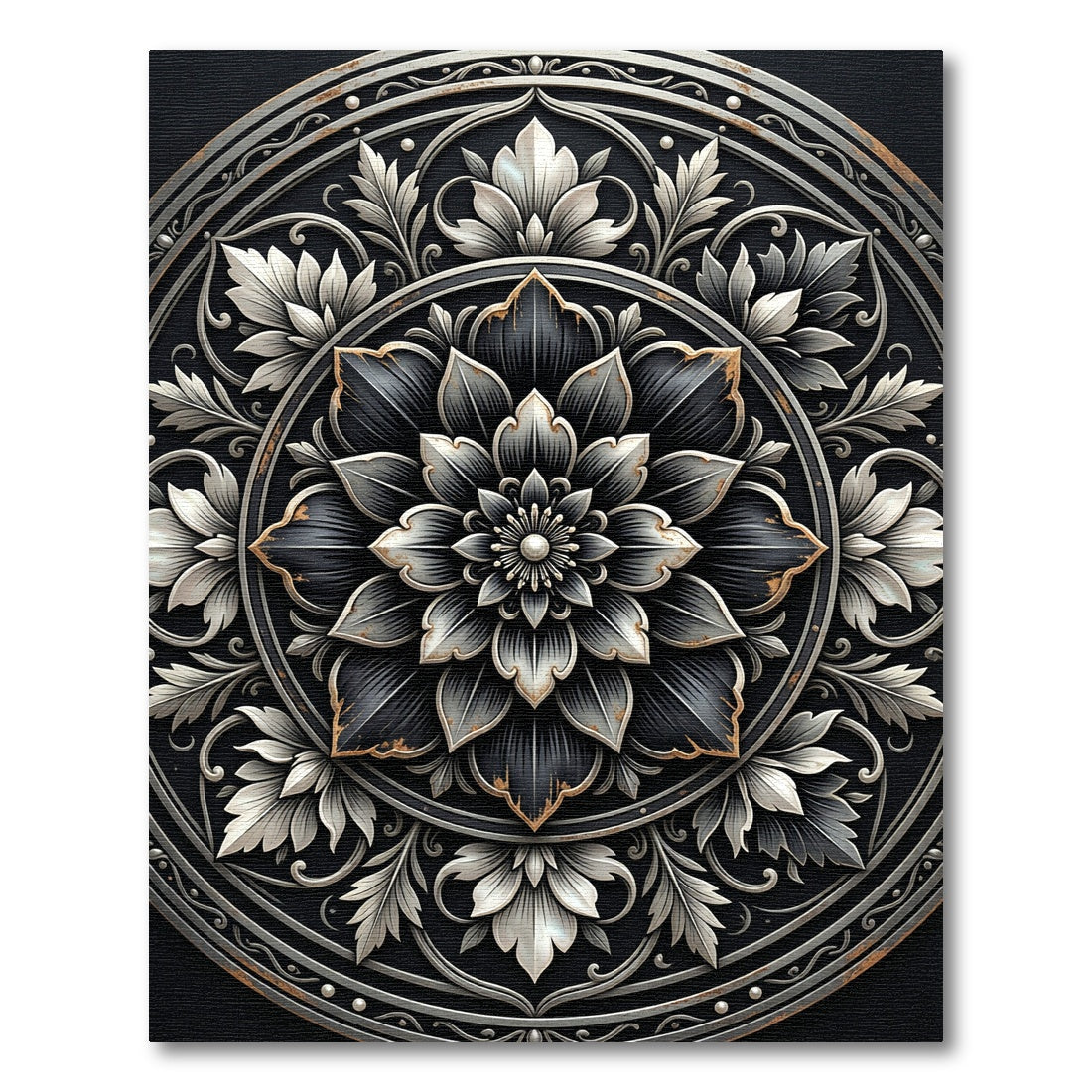 Ornate Silver Floral Monochromatic Medallion Rug