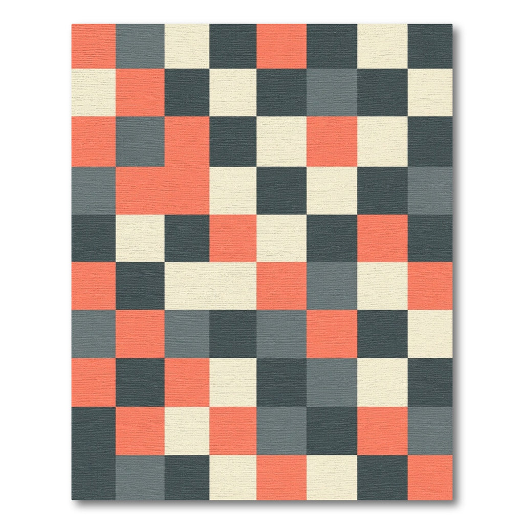 Mid-Century Geometric Coral Gray Grid Rug