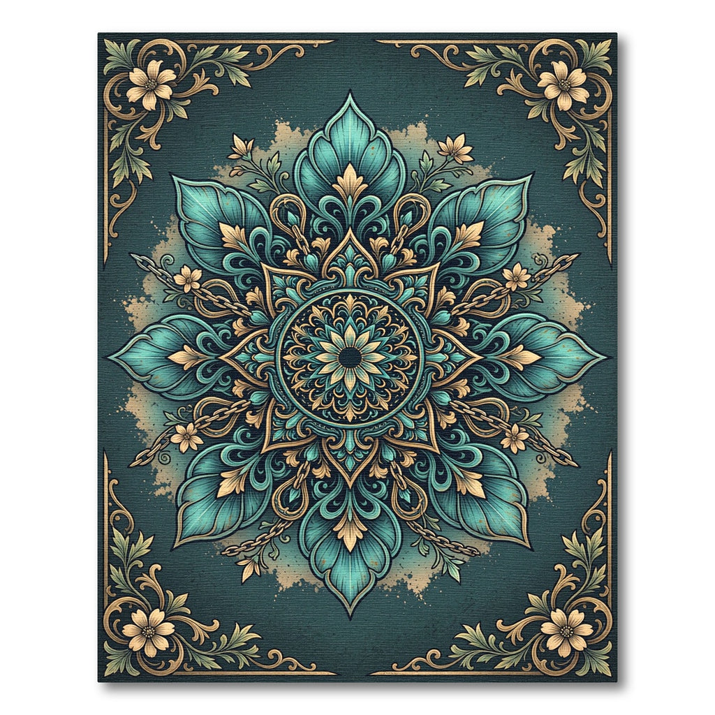 Teal Flourish Medallion with Golden Accents Rug