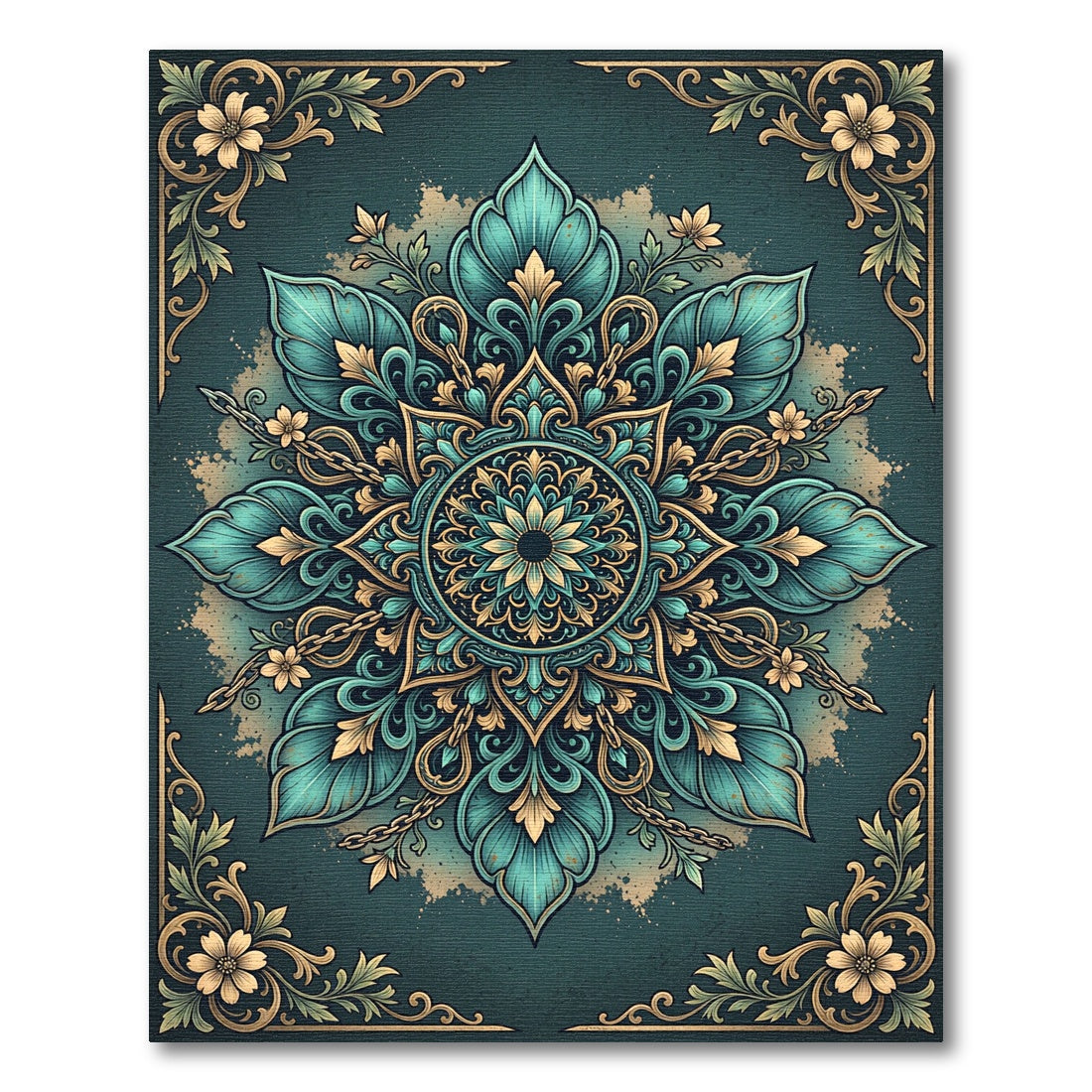 Teal Flourish Medallion with Golden Accents Rug