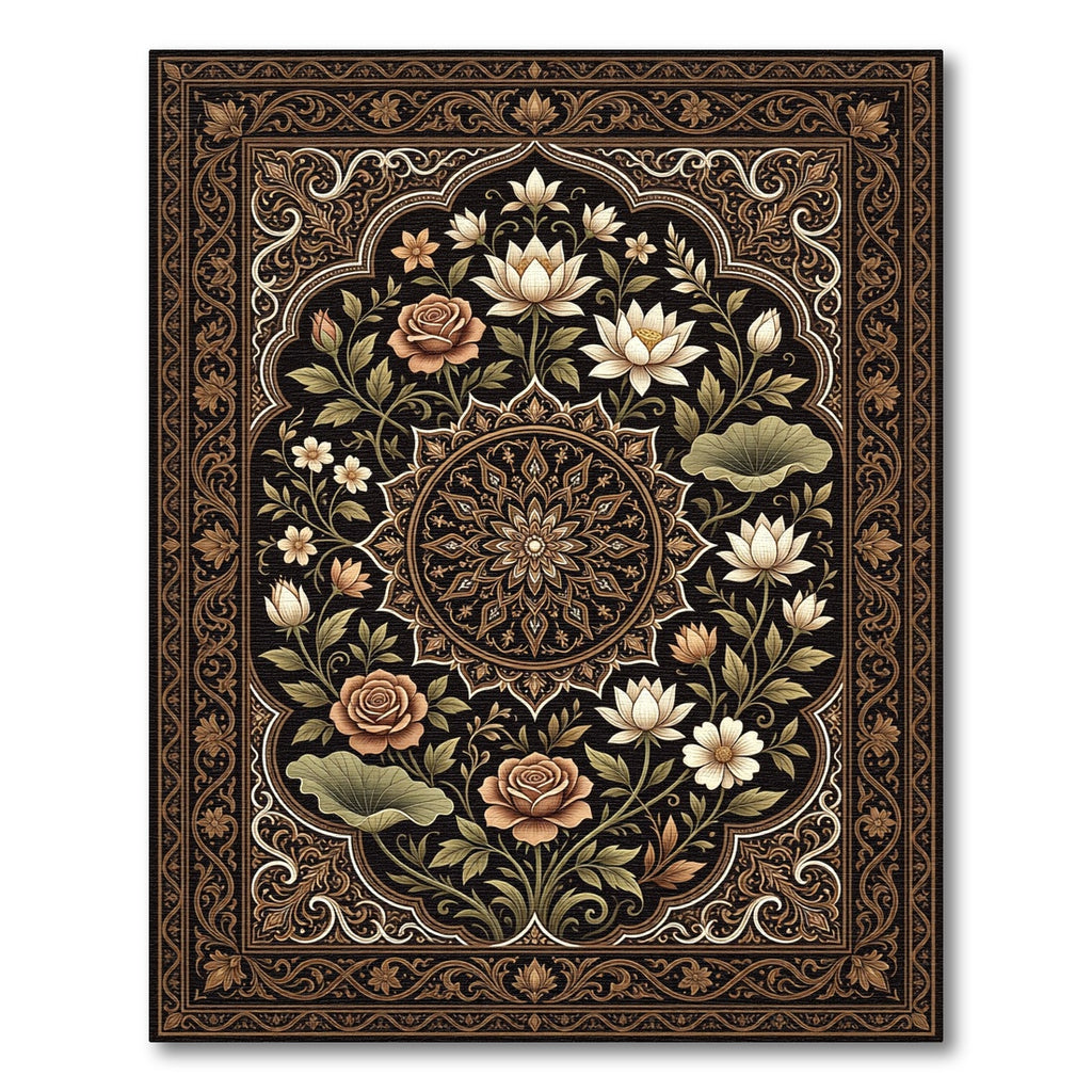 Earthy Floral Lotus Medallion Dark Area Rug
