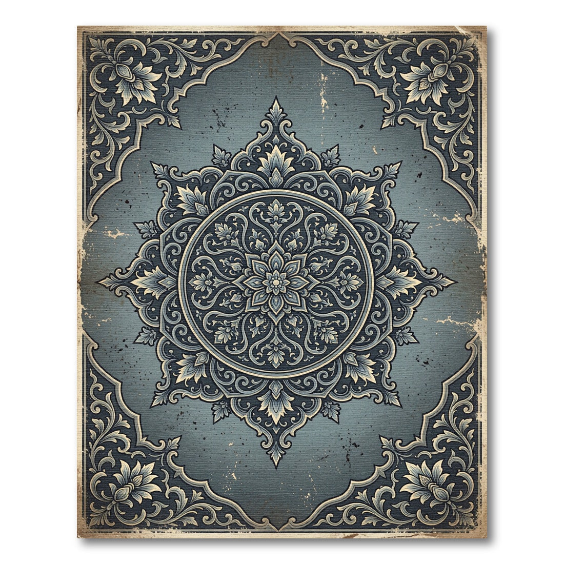 Vintage Slate Blue Ornate Floral Medallion Rug