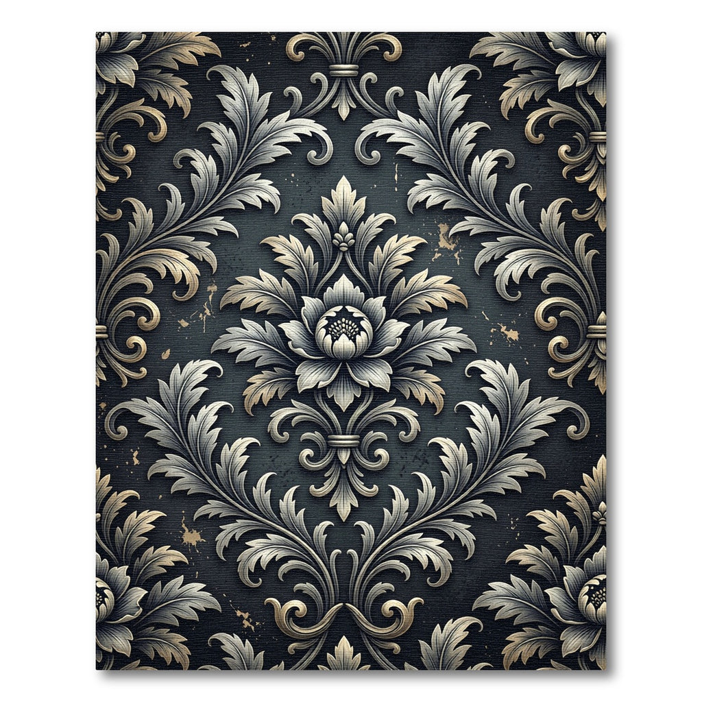 Elegant Silver Charcoal Damask Scroll Rug