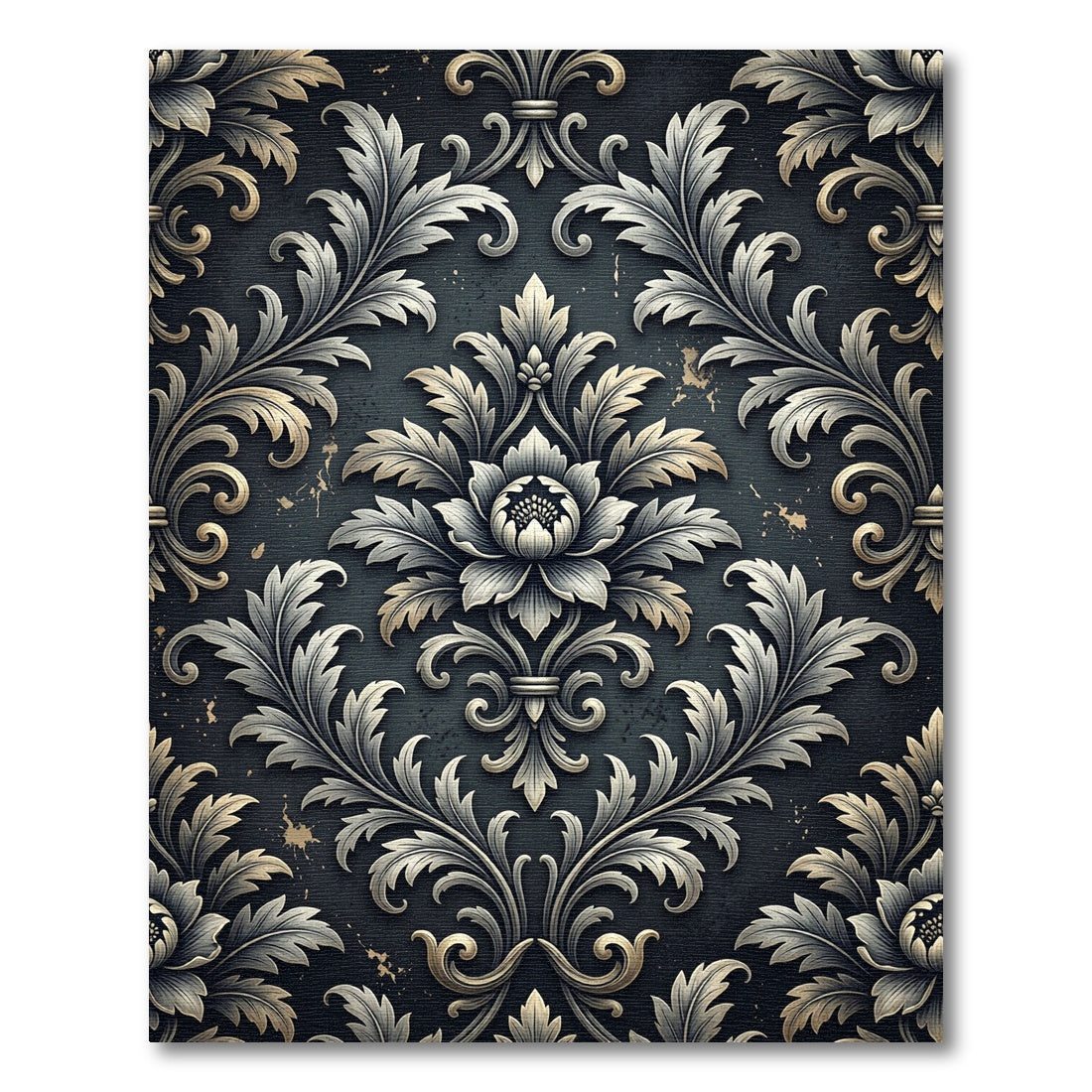 Elegant Silver Charcoal Damask Scroll Rug