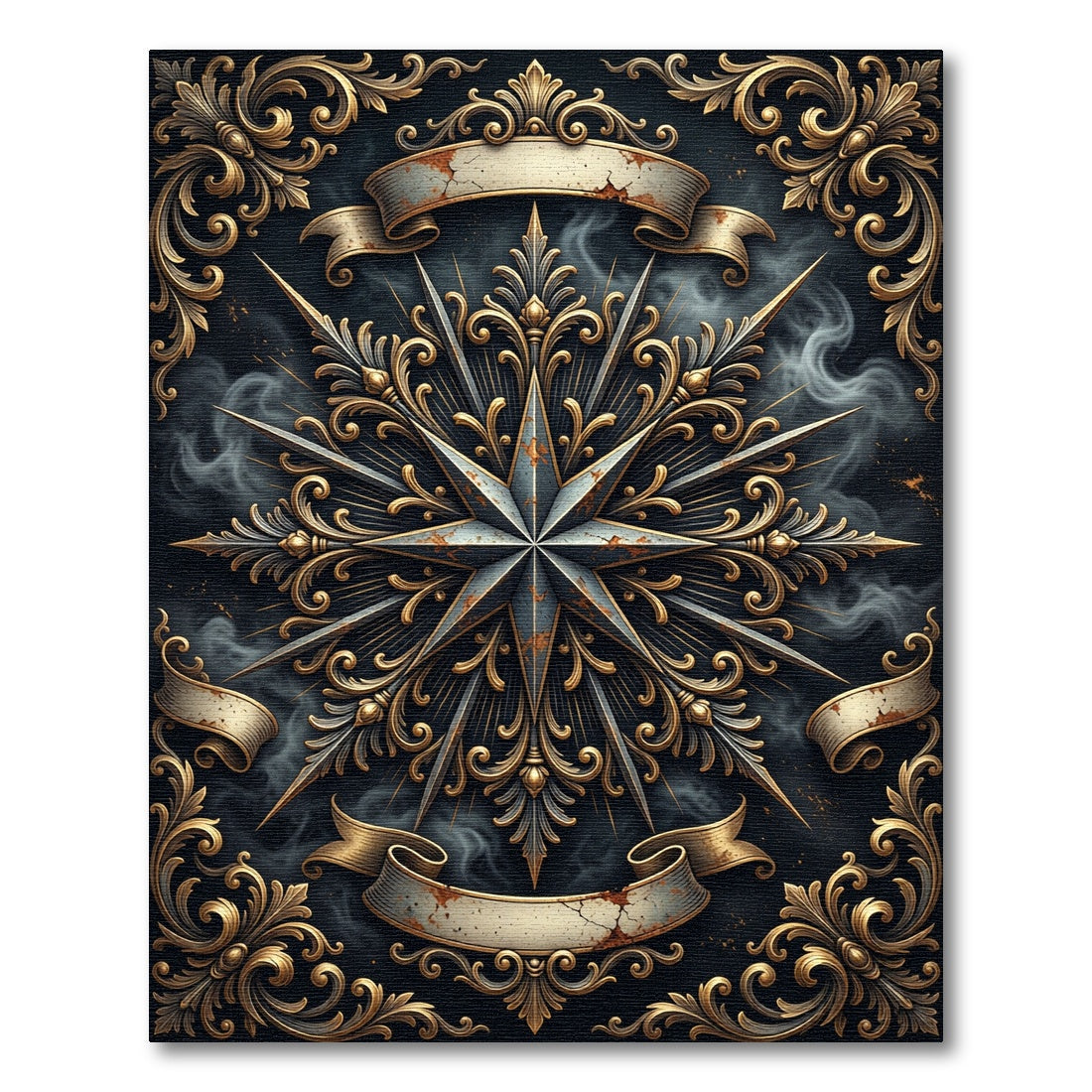 Antique Gold Ornate Celestial Star Art Rug