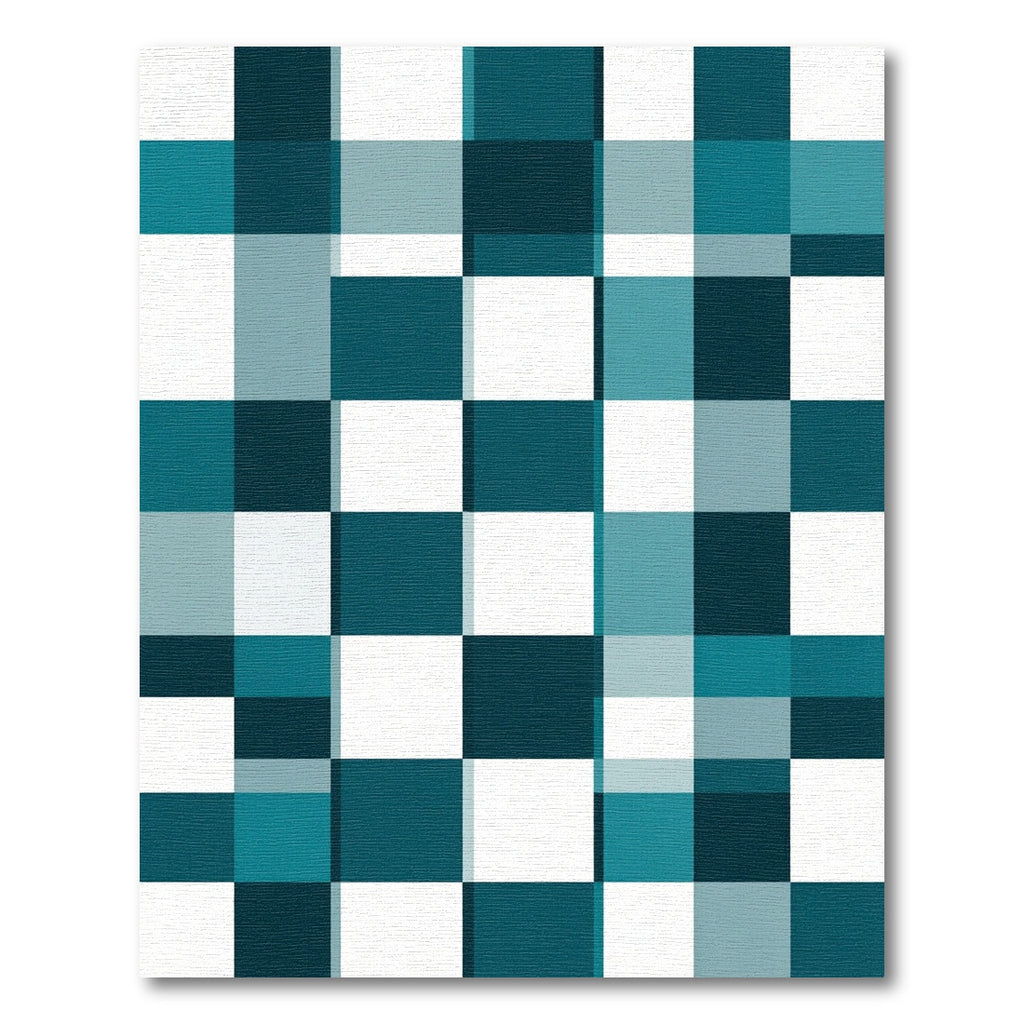Modern Teal Grid Geometric Squares Rug