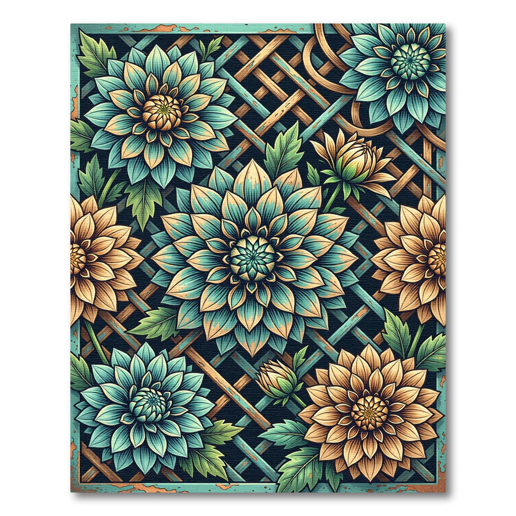 Teal and Gold Botanical Dahlia Lattice Rug