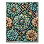 Teal and Gold Botanical Dahlia Lattice Rug