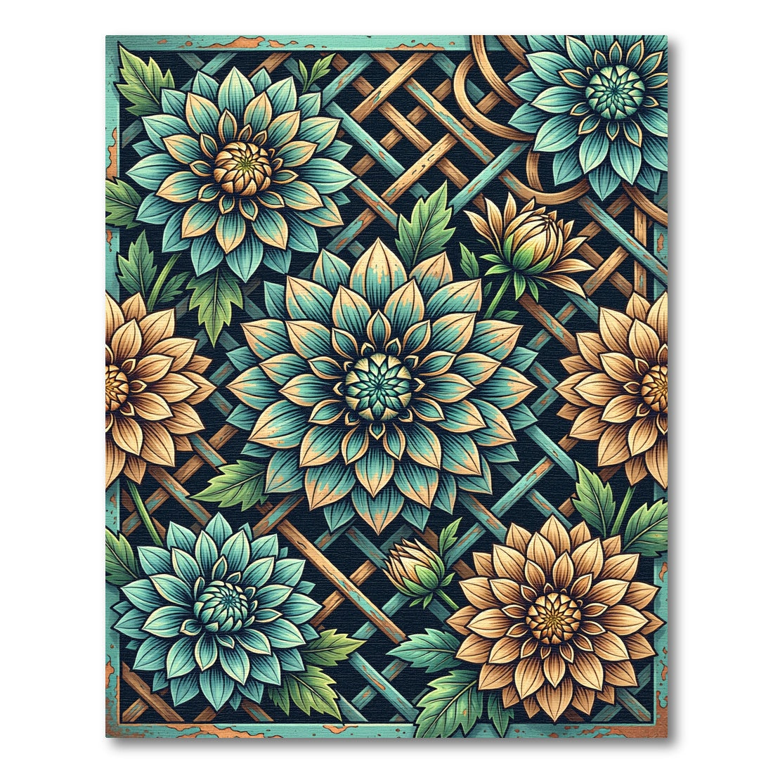 Teal and Gold Botanical Dahlia Lattice Rug