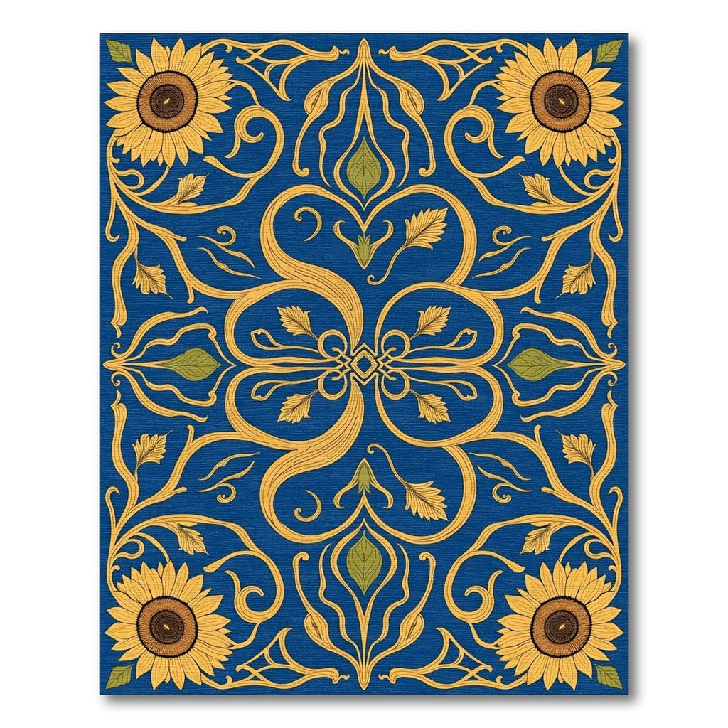 Blue Yellow Sunflower Art Nouveau Rug
