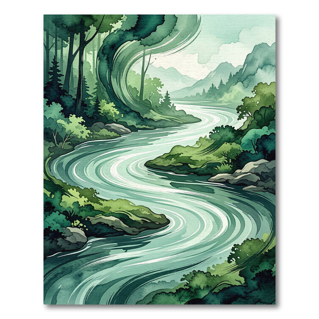 Serene Emerald River Meandering Forest Landscape Rug